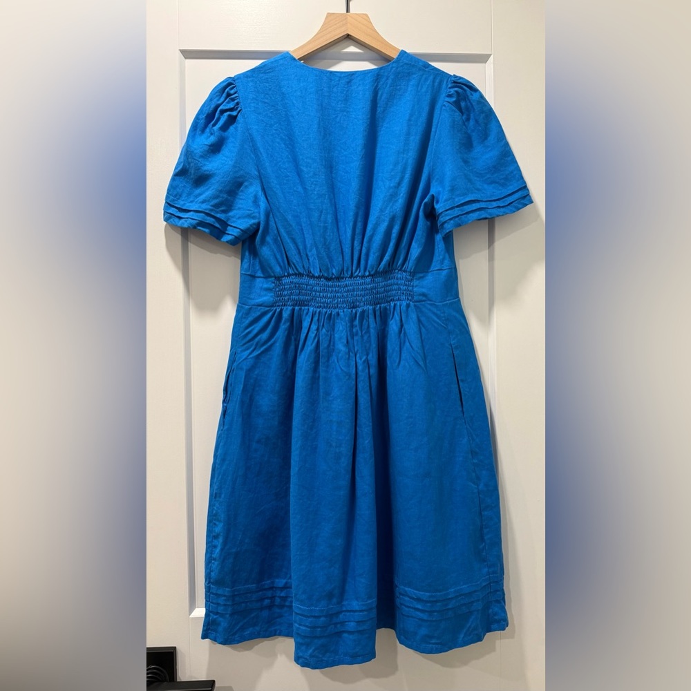 Boden 100% Linen Blue V-Neck Puff Sleeve Dress US 8R - Picture 3 of 11